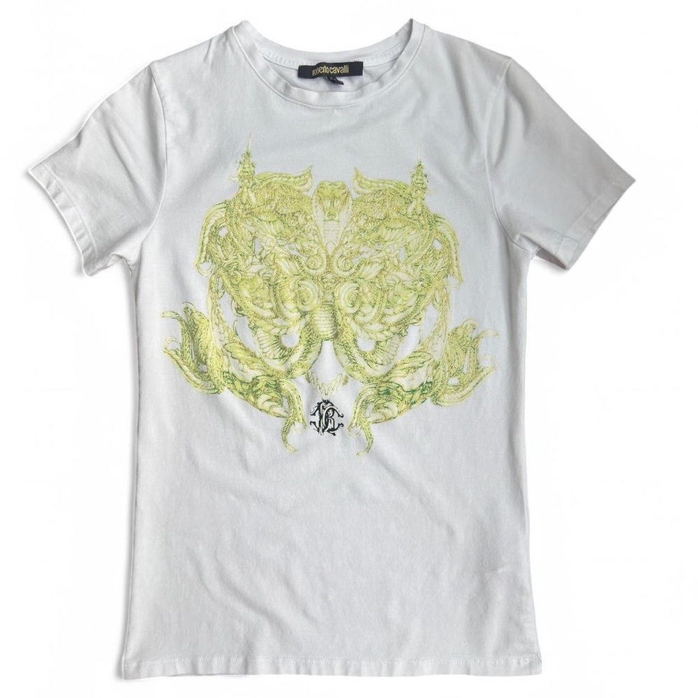 Roberto Cavalli White T-Shirt with Green & Gold Graphic